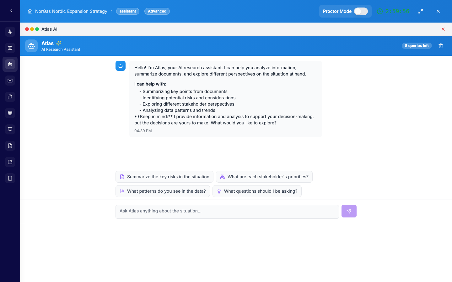 Atlas AI research assistant panel with suggested prompts