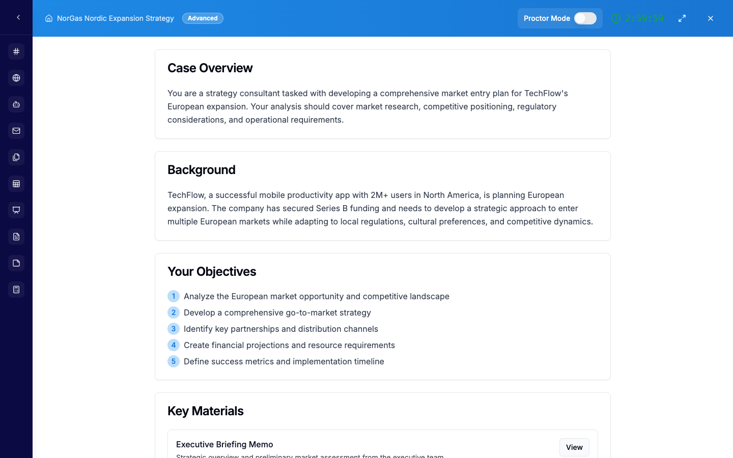 LeaderLab case study overview screen showing case background, objectives, and materials