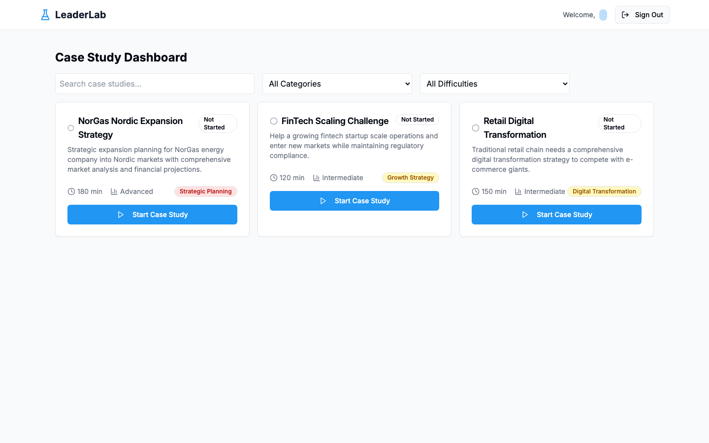 Case study dashboard with search, filters, and case cards